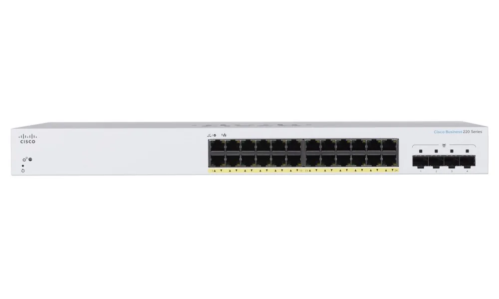 Cisco Business 220 Series CBS220-24P-4G - Přepínač - inteligentní - 24 x 10/100/1000 (PoE+) + 4 x Gigabit SFP (uplink) - Lze montovat do rozvaděče - PoE+ (195 W)