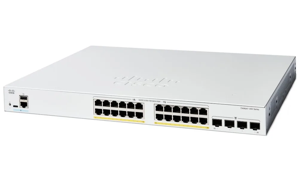 Cisco Catalyst 1200-24FP-4G - Přepínač - L3 - inteligentní - 24 x 10/100/1000 (PoE+) + 4 x Gigabit Ethernet SFP - Lze montovat do rozvaděče - PoE+ (375 W)