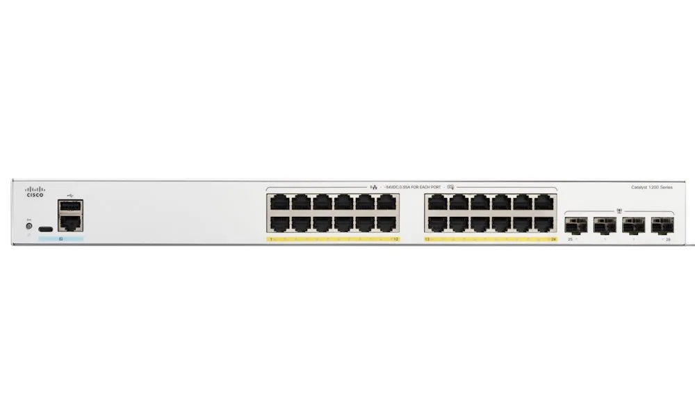 Cisco Catalyst 1200-24FP-4G - Přepínač - L3 - inteligentní - 24 x 10/100/1000 (PoE+) + 4 x Gigabit Ethernet SFP - Lze montovat do rozvaděče - PoE+ (375 W)
