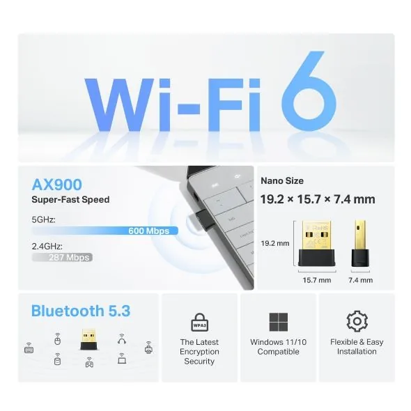 TP-Link Archer TX10UB Nano V1 - Síťový adaptér - USB 2.0 - Wi-Fi 5, Wi-Fi 6, Bluetooth 5.3