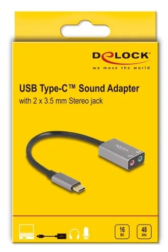 Delock - Adaptér USB-C/jack sluchátek - 24 pin USB-C s piny (male) do mono mini jack, mini-phone stereo 3.5 mm se zdírkami (female) - 14.5 cm - šedá
