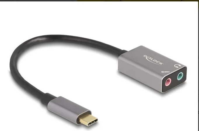 Delock - Adaptér USB-C/jack sluchátek - 24 pin USB-C s piny (male) do mono mini jack, mini-phone stereo 3.5 mm se zdírkami (female) - 14.5 cm - šedá