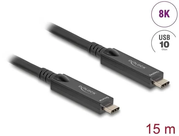 Delock - USB kabel - USB-C (M) do USB-C (M) - DisplayPort 1.4 - 20 V - 3 A - 15 m - Active Optical Cable (AOC), podpora 8K60Hz (7680 x 4320), podpora 4K120Hz (3840 x 2160) - cerná