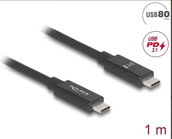 Delock - USB kabel - 24 pin USB-C (M) do 24 pin USB-C (M) - Thunderbolt 4 - 48 V - 5 A - 1 m - podpora napájení až 240 W, podpora napájení Power Delivery 3.1, rychlost přenosu dat až 80 Gbps, E-marker, Podpora 16K60hz - černá