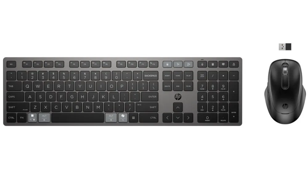 HP 725 - Sada klávesnice a myši - více zařízení, dobíjecí, napájené pomocí SuperCapacitor - full size - bezdrátový - Bluetooth, 2.4 GHz - česká/slovenská - nightfall black - Smart Buy
