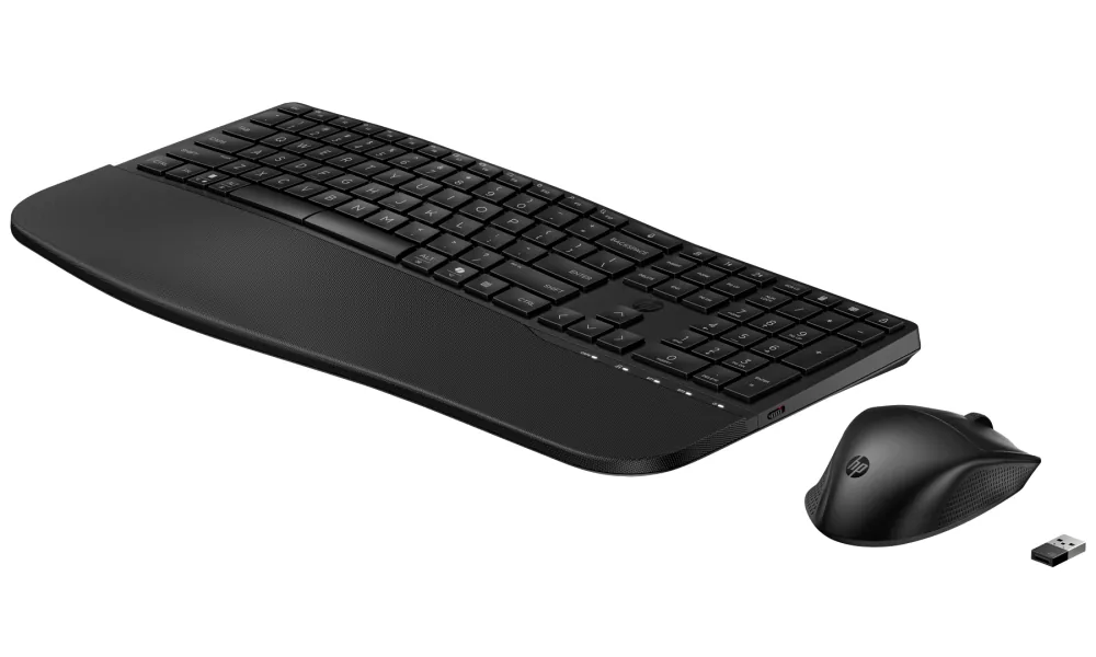 HP 685 - Klávesnice a sada myši - duální režim, 3-zónové uspořádání, podpora více zařízení, 23 programovatelných kláves, automatické rozpoznání OS, nízký zdvih kláves - full size - bezdrátový - Bluetooth, 2.4 GHz - česká/slovenská - černá - Smart Buy