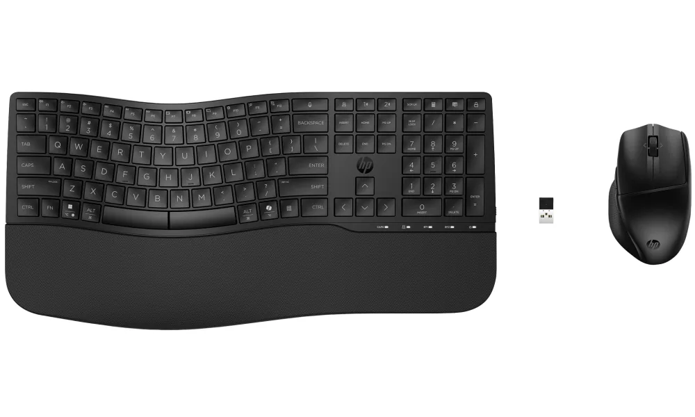 HP 685 - Klávesnice a sada myši - duální režim, 3-zónové uspořádání, podpora více zařízení, 23 programovatelných kláves, automatické rozpoznání OS, nízký zdvih kláves - full size - bezdrátový - Bluetooth, 2.4 GHz - česká/slovenská - černá - Smart Buy