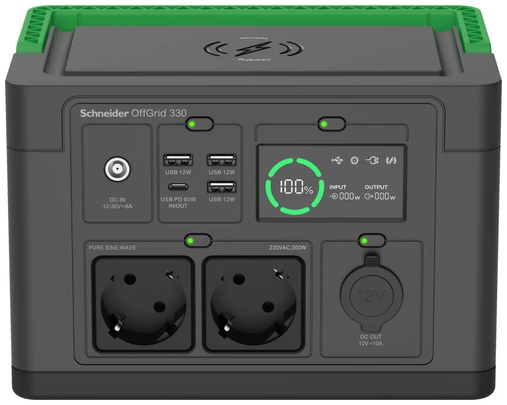 Schneider OffGrid 330 - Přenosná napájecí stanice - LCD, lithium-ion, 2 zásuvky CEE 7/3 schuko, sinusový, 3 USB-A, 1 USB-C, bezdrátová nabíječka - AC 230 V - 330 watt - lithium-iontová - 332 Wh - výstupní konektory: 2 - černá, zelená