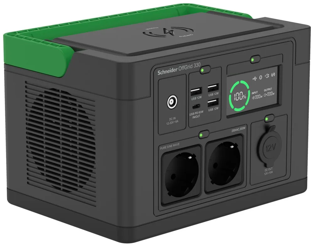 Schneider OffGrid 330 - Přenosná napájecí stanice - LCD, lithium-ion, 2 zásuvky CEE 7/3 schuko, sinusový, 3 USB-A, 1 USB-C, bezdrátová nabíječka - AC 230 V - 330 watt - lithium-iontová - 332 Wh - výstupní konektory: 2 - černá, zelená