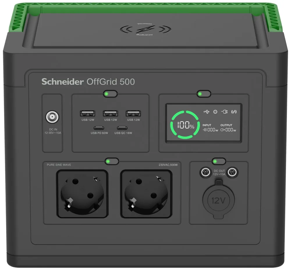 Schneider OffGrid 500 - Přenosná napájecí stanice - LCD, lithium-ion, 2 zásuvky CEE 7/3 schuko, sinusový, 3 USB-A, 2 USB-C, bezdrátová nabíječka - AC 195 - 265 / DC 12 -30 V - 500 watt - lithium-iontová - 517 Wh - výstupní konektory: 2 - černá, zelená