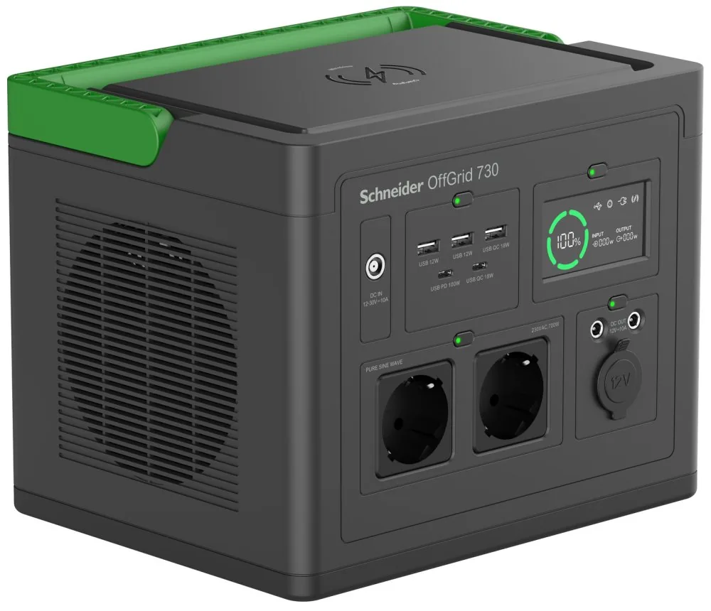 Schneider OffGrid 730 - Přenosná napájecí stanice - LCD, lithium-ion, 2 zásuvky CEE 7/3 schuko, sinusový, 3 USB-A, 1 USB-C, bezdrátová nabíječka - AC 195 - 265 / DC 12 -30 V - 700 watt - lithium-iontová - 738 Wh - výstupní konektory: 2 - černá, zelená