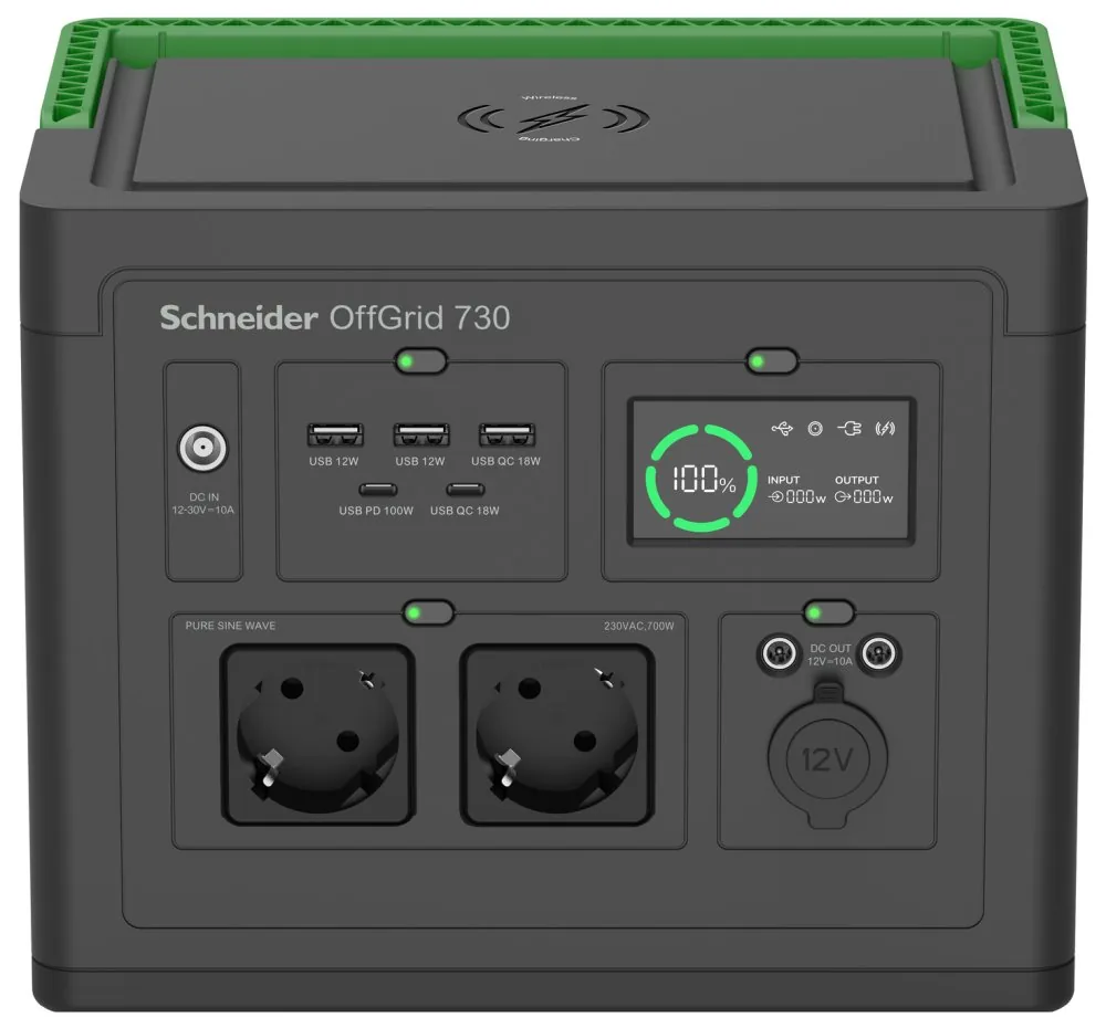 Schneider OffGrid 730 - Přenosná napájecí stanice - LCD, lithium-ion, 2 zásuvky CEE 7/3 schuko, sinusový, 3 USB-A, 1 USB-C, bezdrátová nabíječka - AC 195 - 265 / DC 12 -30 V - 700 watt - lithium-iontová - 738 Wh - výstupní konektory: 2 - černá, zelená