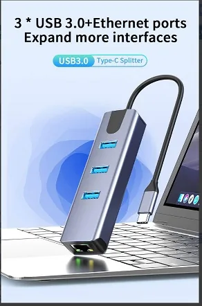 Adapter USB-C na 10/100/1000Mbps + 3xUSB3.2