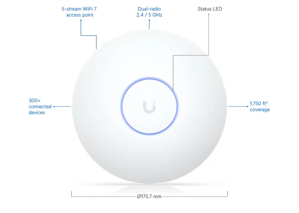 Ubiquiti UniFi U7 Long-Range - Bezdrátový access point - kompaktní - Wi-Fi 7 - Wi-Fi 7 - 2.4 GHz, 5 GHz - nástěnná/stropní montáž - pro P/N: UACC-POE+-2.5G, USW-Flex-2.5G-8-PoE