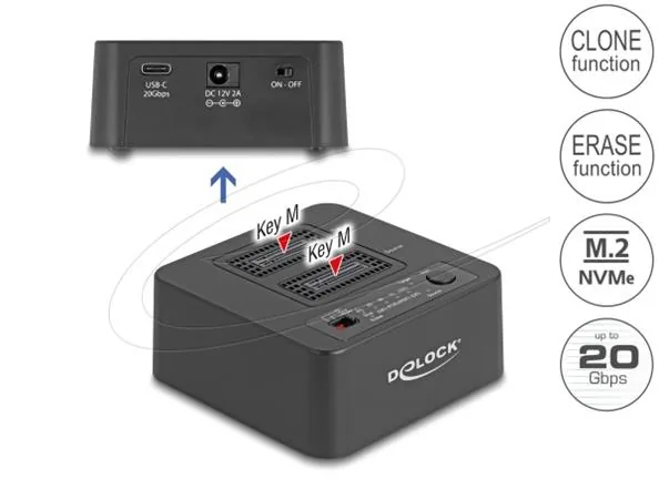Delock - Dokovací stanice SSD - funkce klonování a mazání - oddílu: 2 - M.2 - M.2 NVMe Card / PCIe (NVMe) - USB-C 3.2 (Gen 2) - cerná