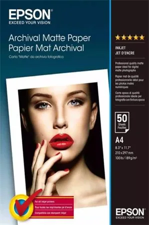 Epson Archival Matte Paper - Matný - A4 (210 x 297 mm) - 189 g/m? - 50 listy papír - pro SureColor SC-P700, P900, T2100, T3100, T3405, T5100, T5400, T5405; WorkForce Pro WF-C5790