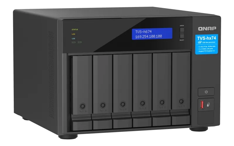 QNAP 6-bay TVS-h674-i3-16G (Core i3 4,3GHz, 16GB DDR4, 6x 3,5", 2x M.2 PCIe Gen4, 2x 2,5GbE)