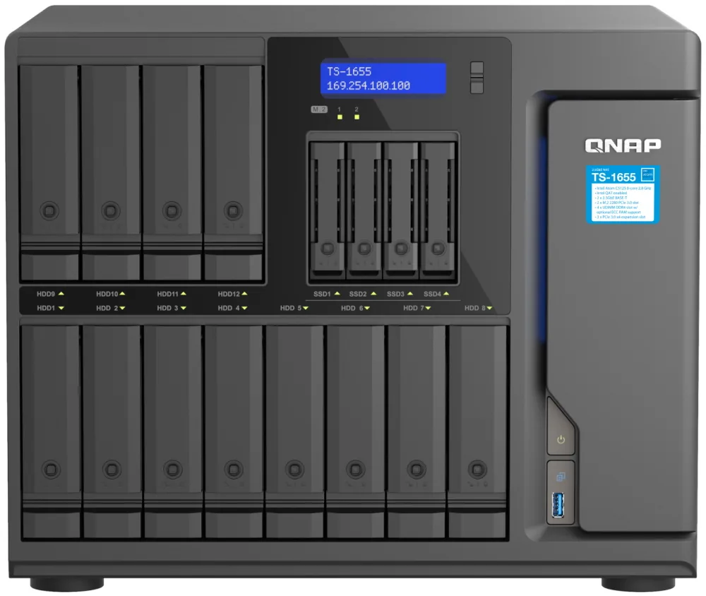 QNAP TS-1655-8G (8core 2,8GHz, 8GB RAM, 12x 3,5"+4x 2,5" SATA, 2x M.2 NVMe slot, 2x 2,5GbE, 3x PCIe)