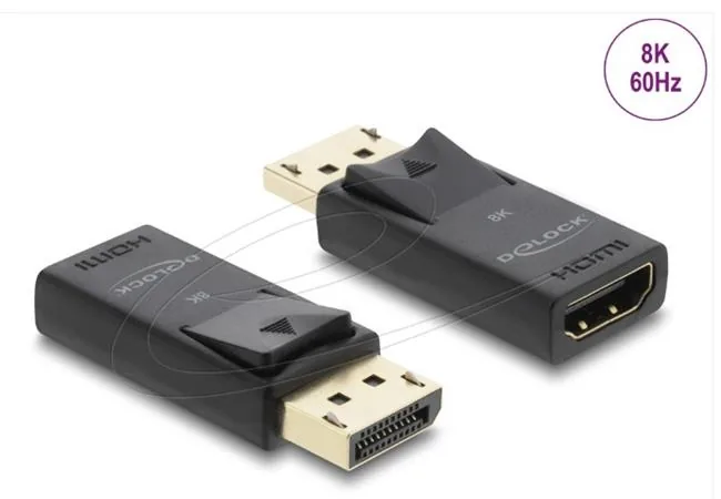 Delock - Video adaptér - DisplayPort s piny (male) do HDMI se zdírkami (female) - cerná - aktivní, podpora HDR10, podpora 1080p, podpora 4K144Hz (3840 x 2160), podpora 8K60Hz (7680 x 4320)