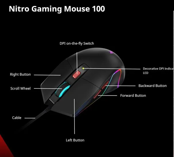Acer Nitro NMW100/Herní/Optická/Pro praváky/7 200 DPI/Drátové USB-A/Černá