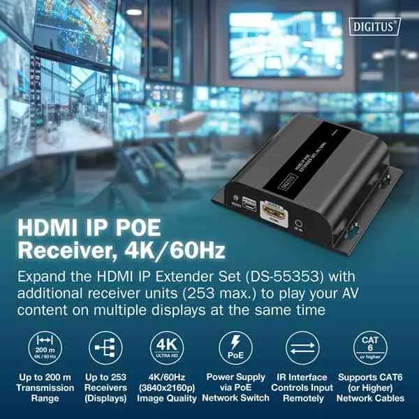 DIGITUS HDMI IP PoE receiver, 4K/60Hz