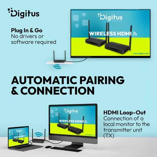 DIGITUS 4K/60Hz Wireless HDMI KVM Extender Set, 100m, black