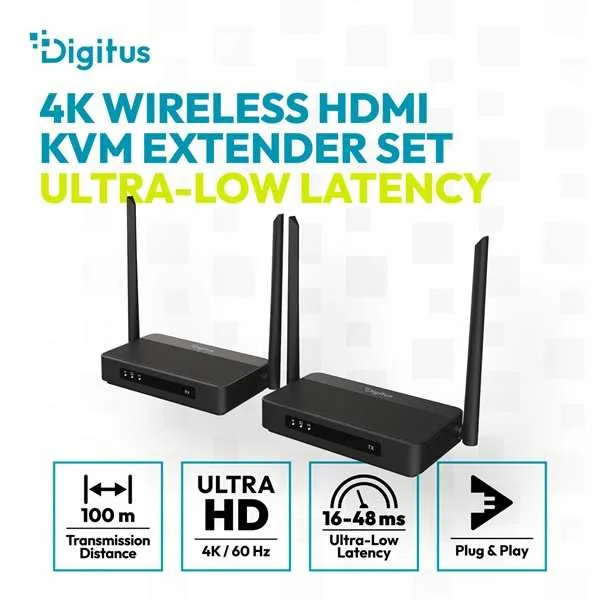 DIGITUS 4K/60Hz Wireless HDMI KVM Extender Set, 100m, black