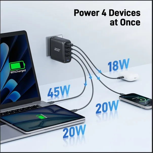 Acer GAN 100W PD charger,3xUSB-C,1xUSB-A černý