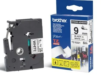 Brother TZe-S221 - Extra silný samolepicí - černá na bílé - Role (0,9 cm x 8 m) 1 kazeta/y lamino páska - pro P-Touch PT-E550; P-Touch Cube PT-P910; P-Touch Cube Plus PT-P710; P-Touch Cube Pro PT-P910