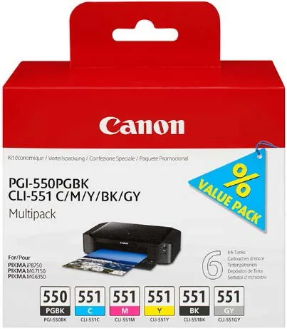 Canon PGI-550/CLI-551 PGBK/C/M/Y/BK/GY Multi Pack - 6-balení - šedá, černá, žlutá, azurová, purpurová - originální - inkoustový zásobník - pro PIXMA iP7250, iP8750, iX6850, MG5550, MG5650, MG6450, MG6650, MG7150, MG7550, MX725, MX925