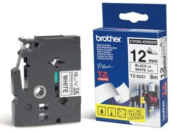 Brother TZe-S231 - Extra silné lepidlo - černá na bílé - Role (1,2 cm x 8 m) 1 kazeta/y lamino páska - pro Brother PT-P750; P-Touch Cube PT-P910; P-Touch Cube Plus PT-P710; P-Touch Cube Pro PT-P910