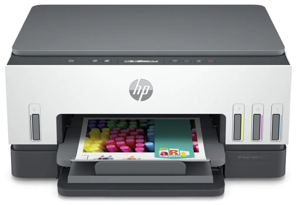 HP Smart Tank 670 All-in-One - Multifunkční tiskárna - barva - tryskový - plnitelný - Letter A (216 x 279 mm)/A4 (210 x 297 mm) (originální) - A4/Legal (média) - až 11 stran/min. (kopírování) - až 12 stran/min. (tisk) - 150 listy - USB 2.0, Wi-Fi(ac), Blu