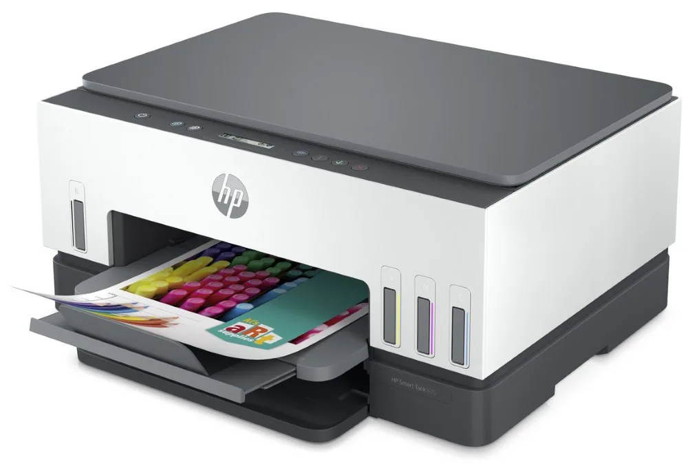 HP Smart Tank 670 All-in-One - Multifunkční tiskárna - barva - tryskový - plnitelný - Letter A (216 x 279 mm)/A4 (210 x 297 mm) (originální) - A4/Legal (média) - až 11 stran/min. (kopírování) - až 12 stran/min. (tisk) - 150 listy - USB 2.0, Wi-Fi(ac), Blu