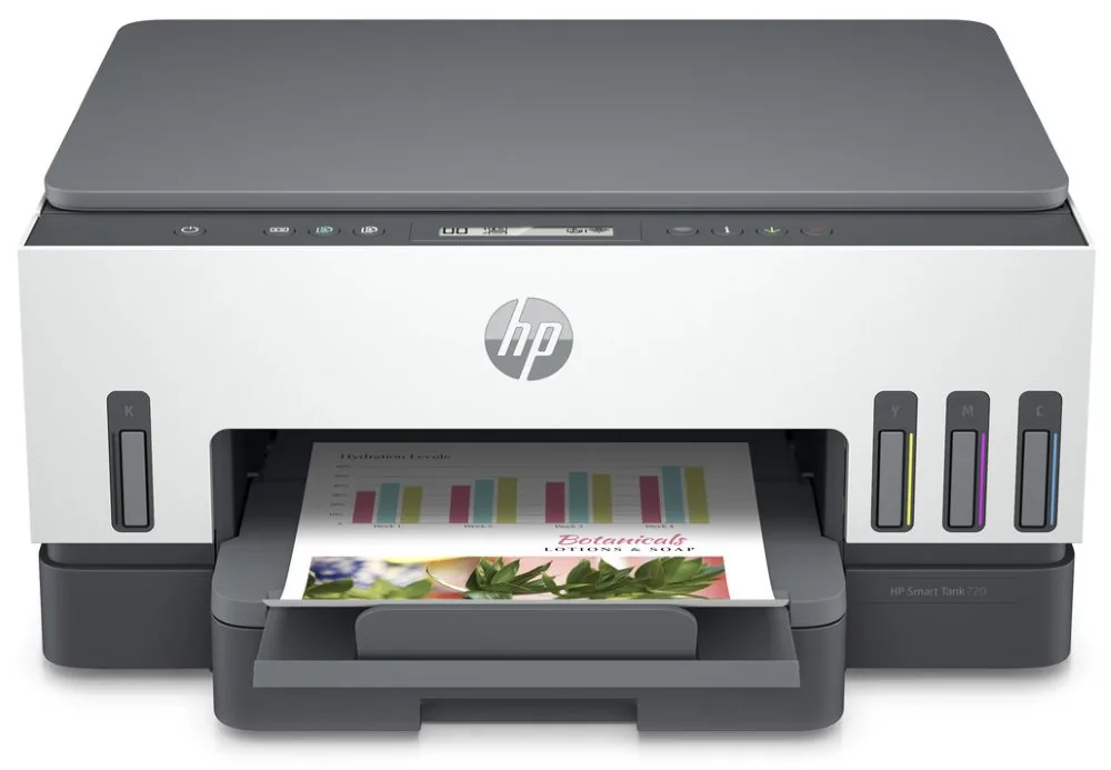 HP Smart Tank 720 All-in-One - Multifunkční tiskárna - barva - tryskový - plnitelný - Letter A (216 x 279 mm)/A4 (210 x 297 mm) (originální) - A4/Legal (média) - až 13 stran/min. (kopírování) - až 15 stran/min. (tisk) - 250 listy - USB 2.0, Wi-Fi(ac), Blu