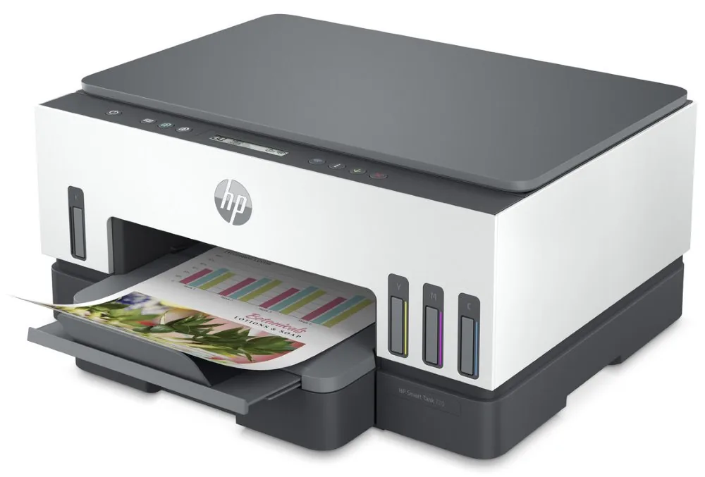 HP Smart Tank 720 All-in-One - Multifunkční tiskárna - barva - tryskový - plnitelný - Letter A (216 x 279 mm)/A4 (210 x 297 mm) (originální) - A4/Legal (média) - až 13 stran/min. (kopírování) - až 15 stran/min. (tisk) - 250 listy - USB 2.0, Wi-Fi(ac), Blu