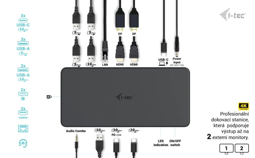 i-tec USB 3.0/USB-C/Thunderbolt 3 Professional Dual 4K Display Docking Station Gen2, PD 100W