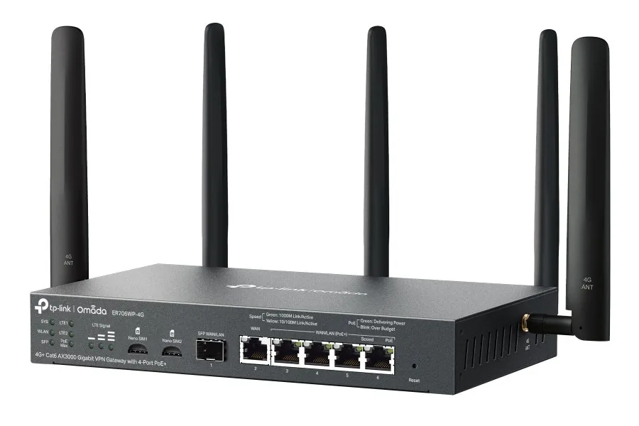 TP-Link Omada ER706WP-4G V1 - Bezdrátový router - WWAN 4portový switch - 1GbE - porty WAN: 6 - Wi-Fi 6 - Dual Band - 4G, 3G