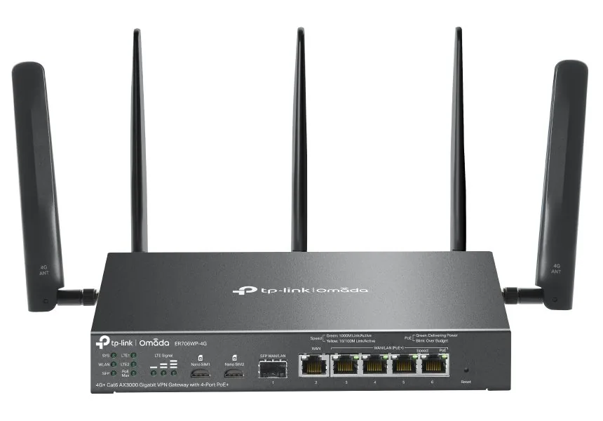 TP-Link Omada ER706WP-4G V1 - Bezdrátový router - WWAN 4portový switch - 1GbE - porty WAN: 6 - Wi-Fi 6 - Dual Band - 4G, 3G
