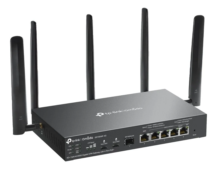 TP-Link Omada ER706WP-4G V1 - Bezdrátový router - WWAN 4portový switch - 1GbE - porty WAN: 6 - Wi-Fi 6 - Dual Band - 4G, 3G