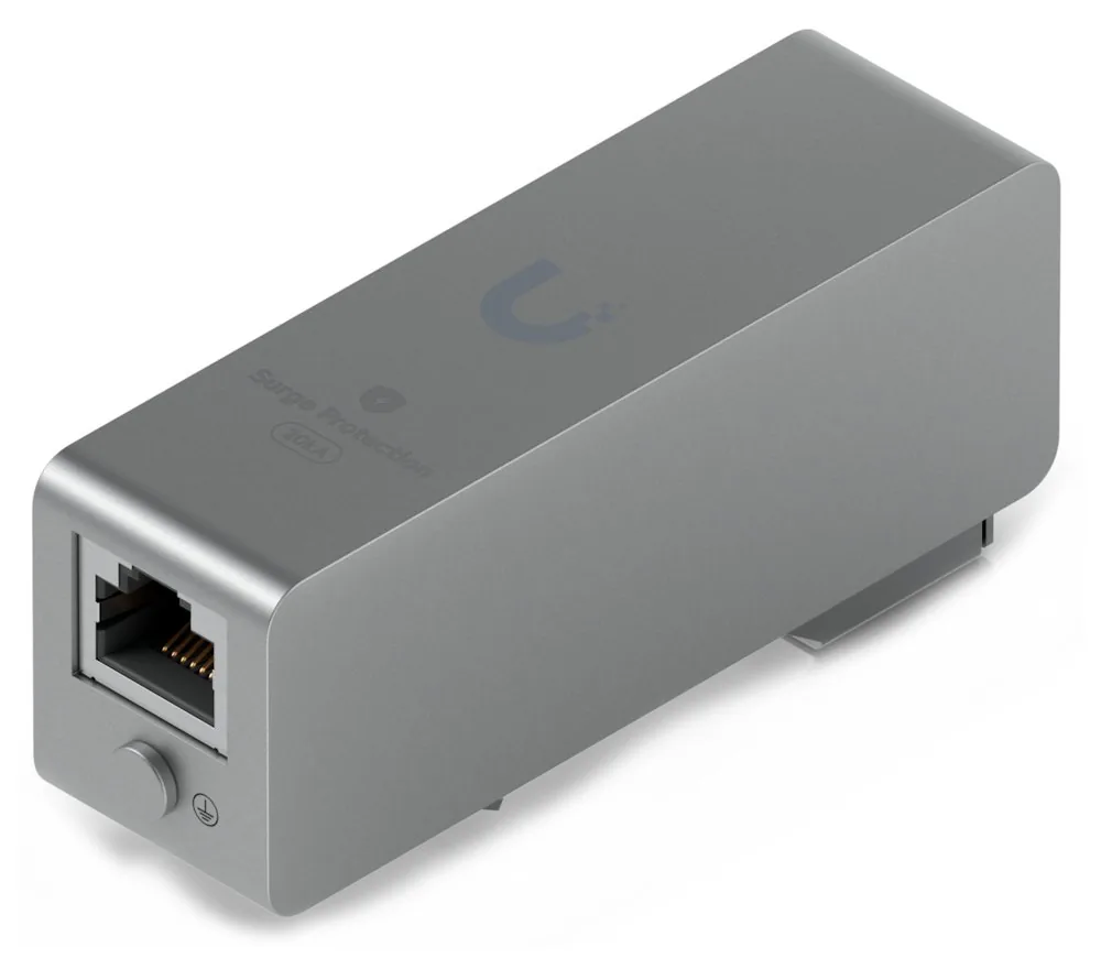 Ubiquiti Single-port Ethernet surge protector is DIN rail-mountable for indoor use, supporting up to PoE++ and 10GbE dat