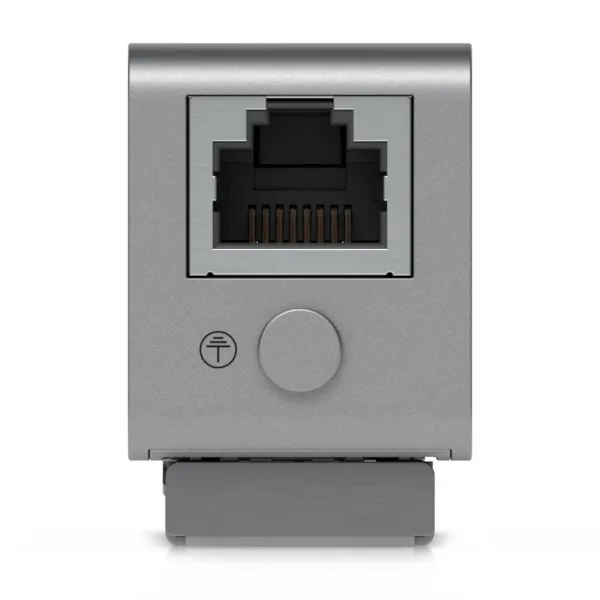Ubiquiti Single-port Ethernet surge protector is DIN rail-mountable for indoor use, supporting up to PoE++ and 10GbE dat