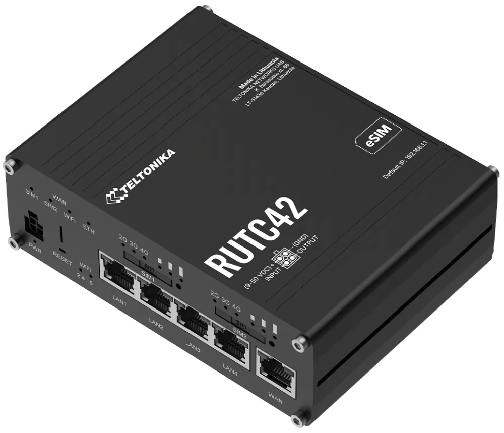 Teltonika RUTC42 průmyslový router 4x LAN, 1x WAN, Dual modem, SIM + eSIM, 2x LTE, Wi-Fi 6