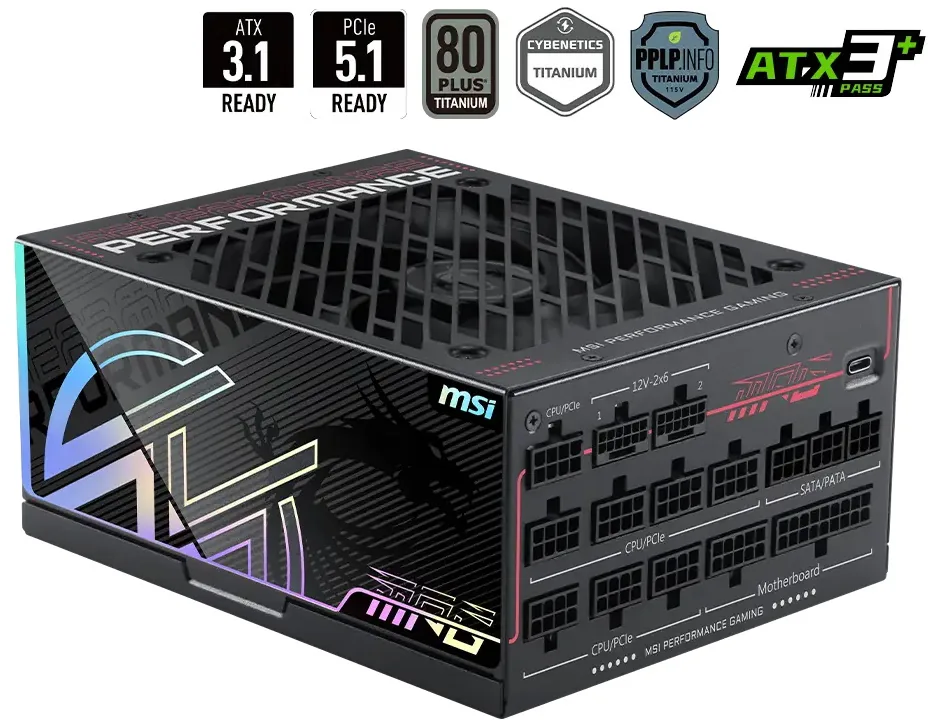 MSI zdroj MPG AI1600TS PCIE5 1600W ATX3.1 akt. PFC 12 let celk. záruka 135mm fan modulární kabeláž 80PLUS Titaniu