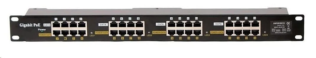POE injektor aktivní pasivní - 16x 1 Gb s, stíněný panel, 802.3af at