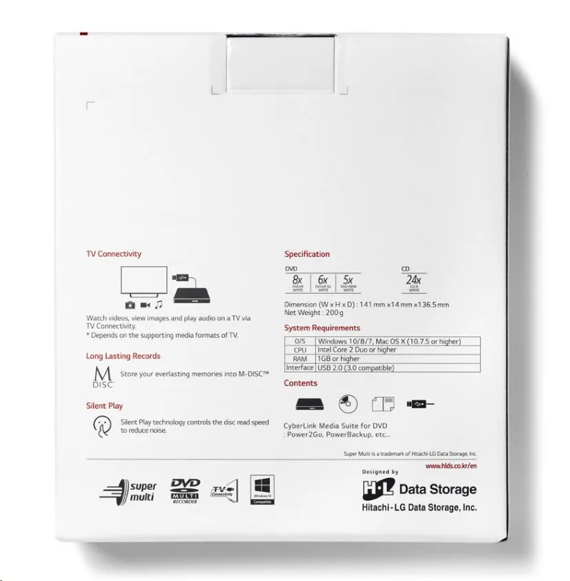 HITACHI LG - externí mechanika DVD-W CD-RW DVD±R ±RW RAM GP57ES40, Slim, Silver, box+SW