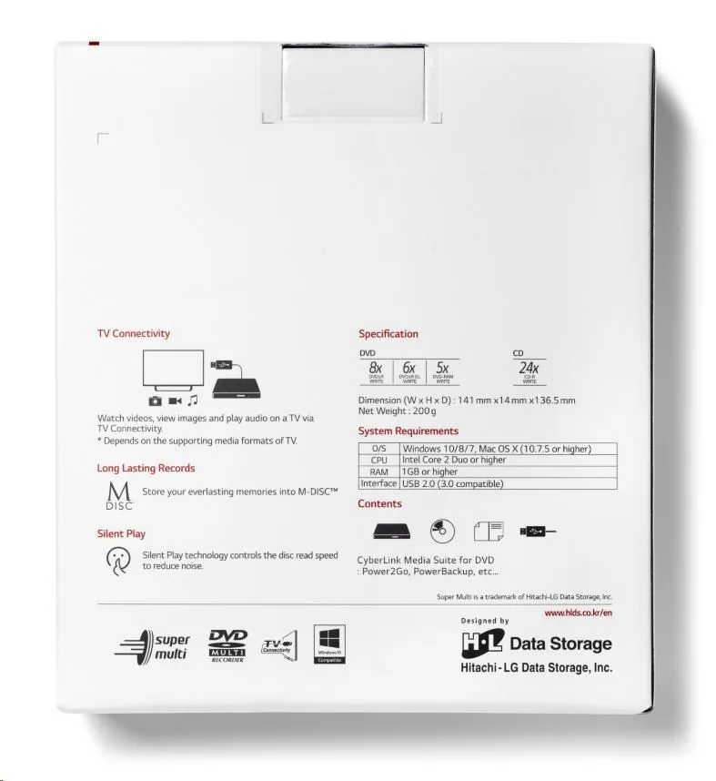 HITACHI LG - externí mechanika DVD-W CD-RW DVD±R ±RW RAM GP57EW40, Slim, White, box+SW