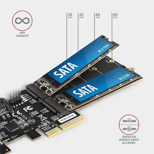 AXAGON PCES-SA4M2, PCIe řadič - 2x interní SATA 6G port + 2x SATA M.2 slot, ASM1164, SP & LP