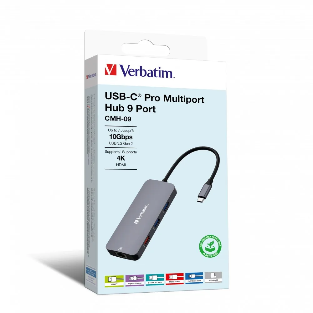 VERBATIM Hub USB-C Pro Multiport 9 Port, 3x USB 3.2, 2x USB-C, HDMI, RJ45, microSD SD, šedá