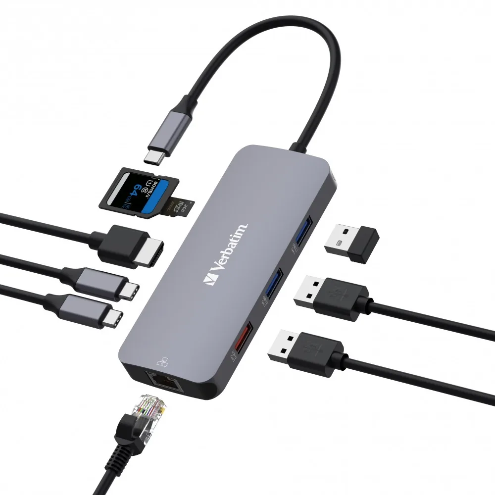 VERBATIM Hub USB-C Pro Multiport 9 Port, 3x USB 3.2, 2x USB-C, HDMI, RJ45, microSD SD, šedá