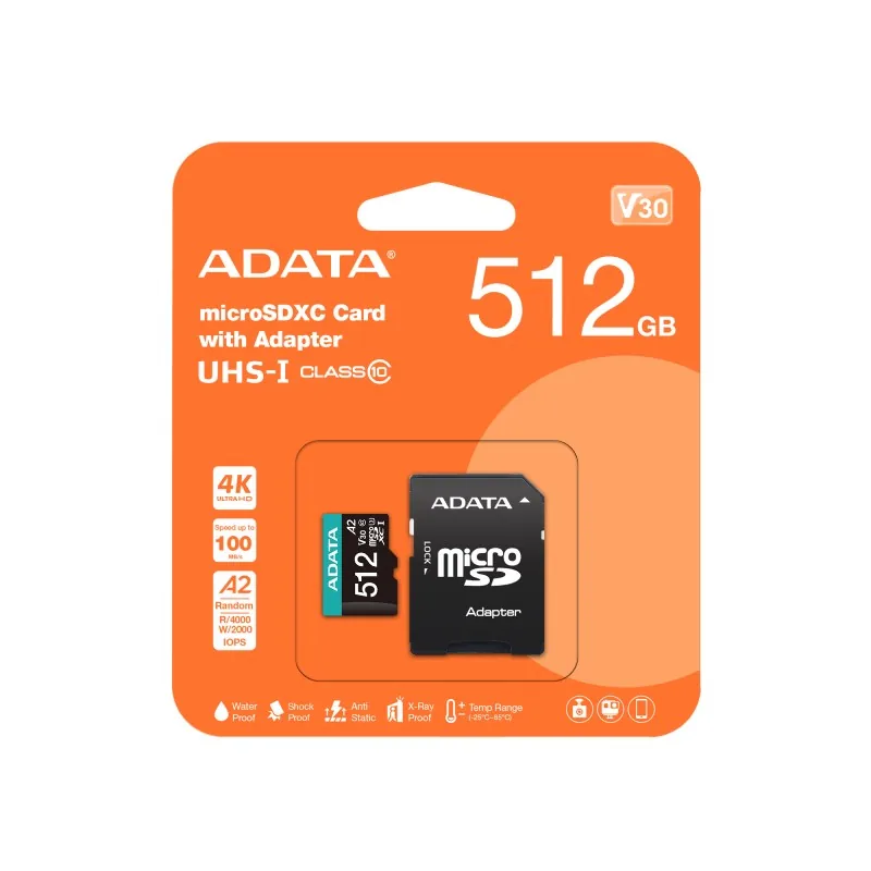 ADATA MicroSDXC karta 512GB Premier Pro UHS-I V30S (R:100 W:80 MB s) + SD adaptér